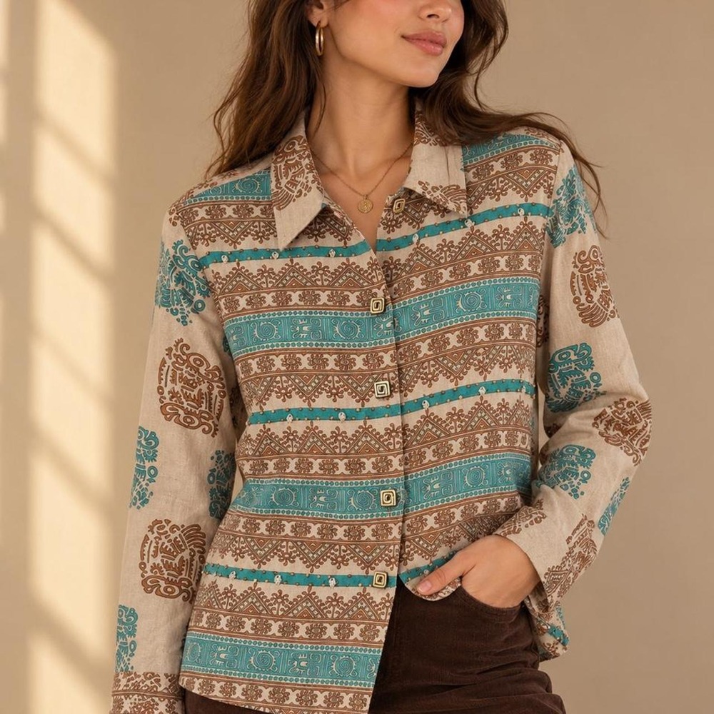 Collared Shirt Beige Turquoise Western Wooden Buttons Linen Boho Artisan Top M